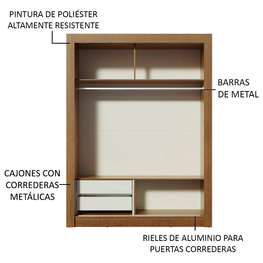 Placard Soltero 2 Puertas Corredizas con Espejo 2 Cajones Marrón Dallas - Image 6