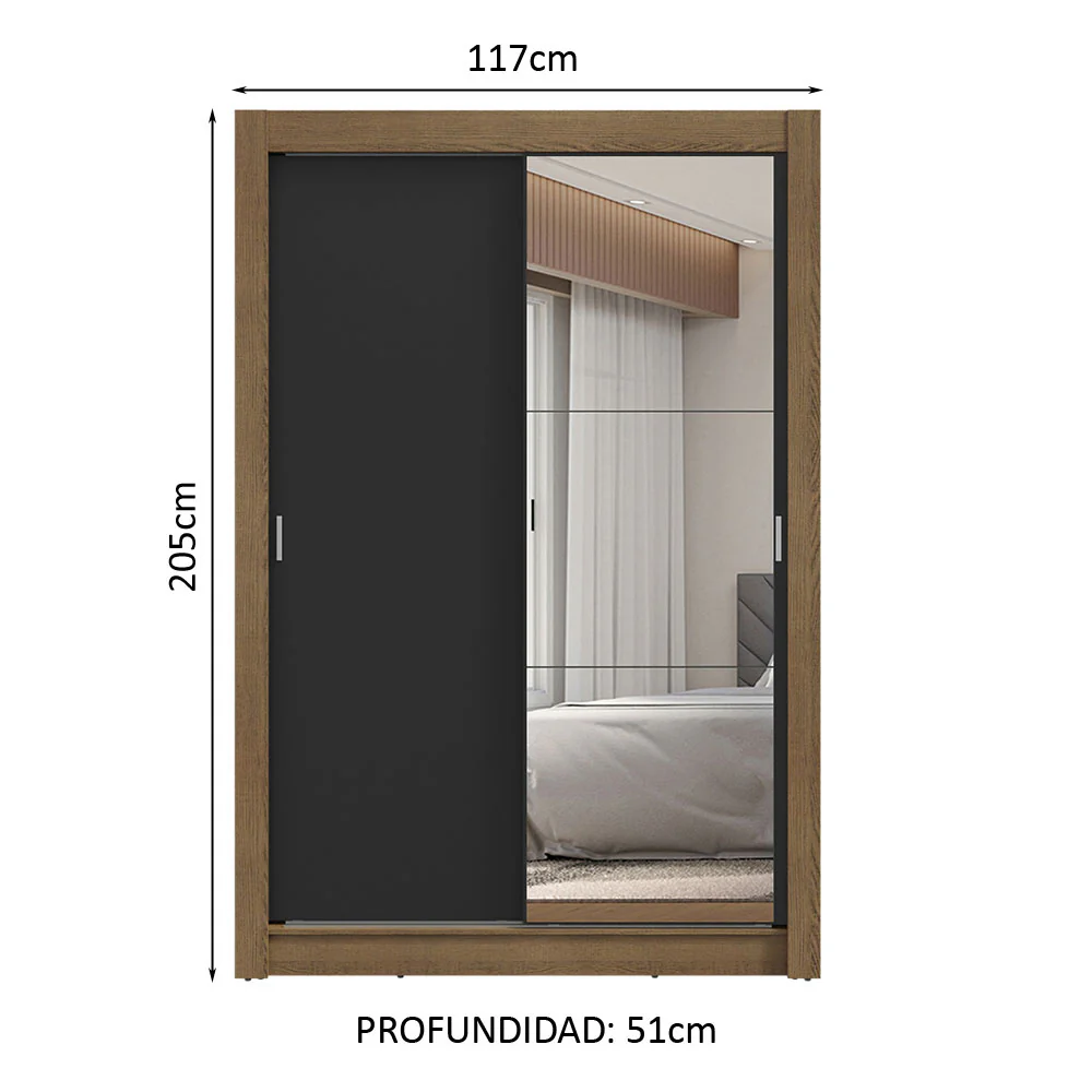 Placard Soltero 2 Puertas Corredizas con Espejo 2 Cajones Marrón/Negro Vivare - Image 2