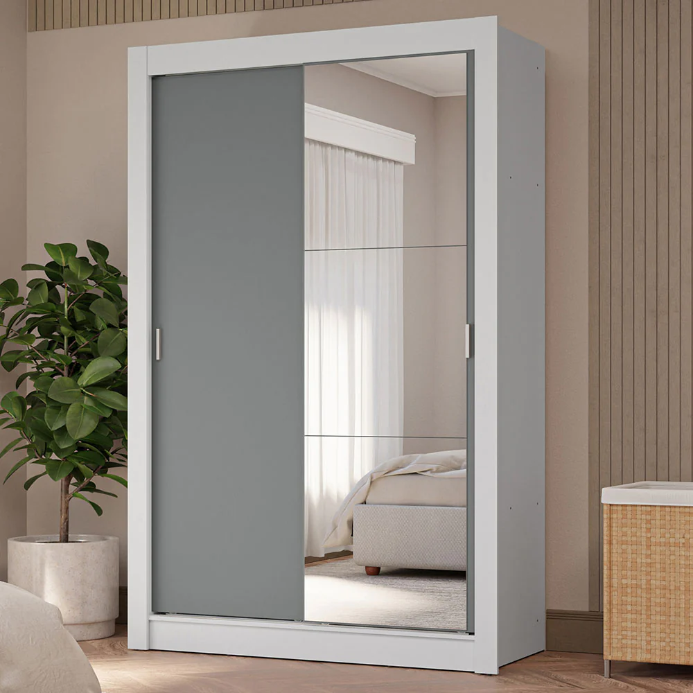 Placard Soltero 2 Puertas Corredizas con Espejo 4 Cajones Blanco/Gris Vivare Plus