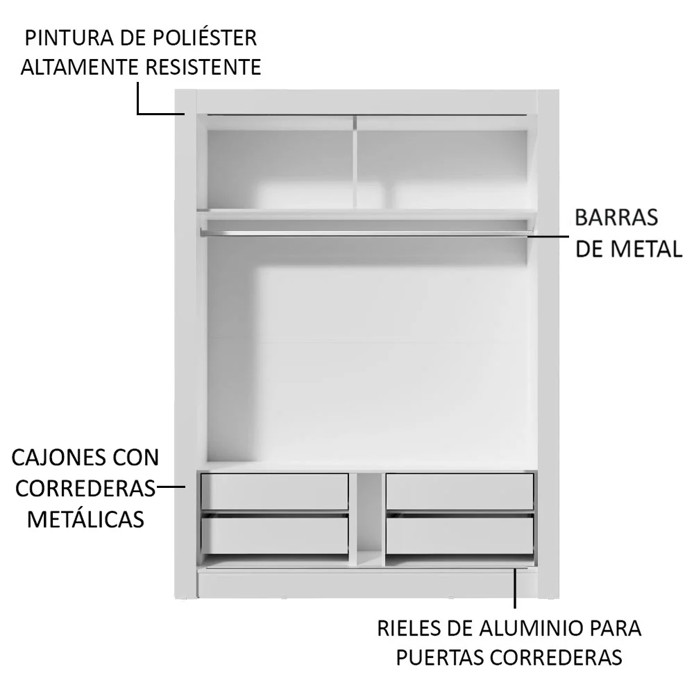 Placard Soltero 2 Puertas Corredizas con Espejo 4 Cajones Blanco/Marrón Dallas Plus - Image 6