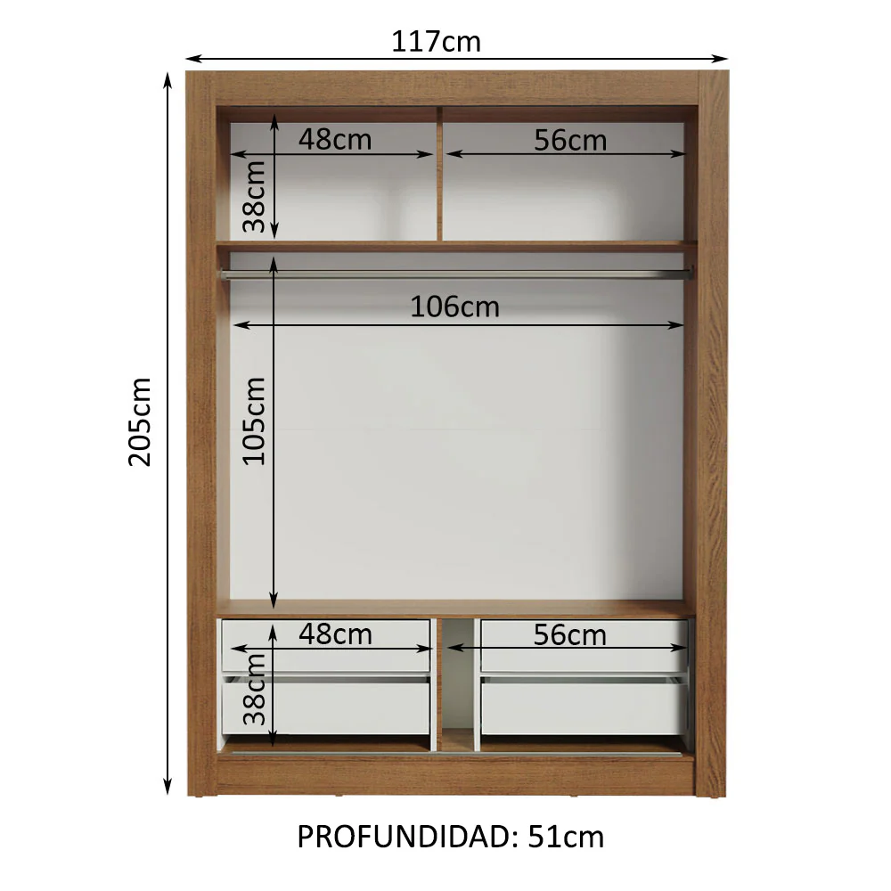 Placard Soltero 2 Puertas Corredizas con Espejo 4 Cajones Marrón Dallas Plus - Image 4