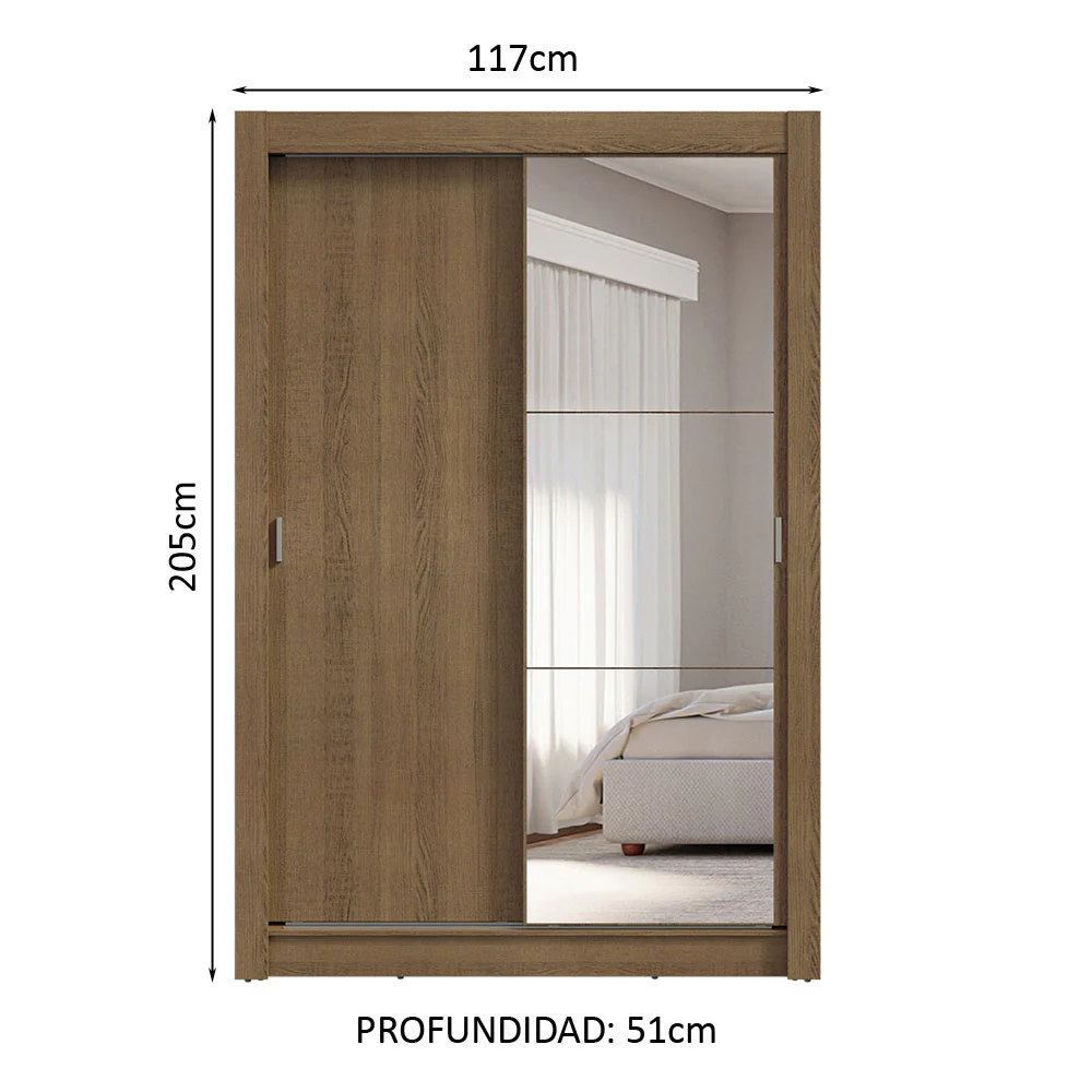 Placard Soltero 2 Puertas Corredizas con Espejo 4 Cajones Marrón Vivare Plus - Image 2