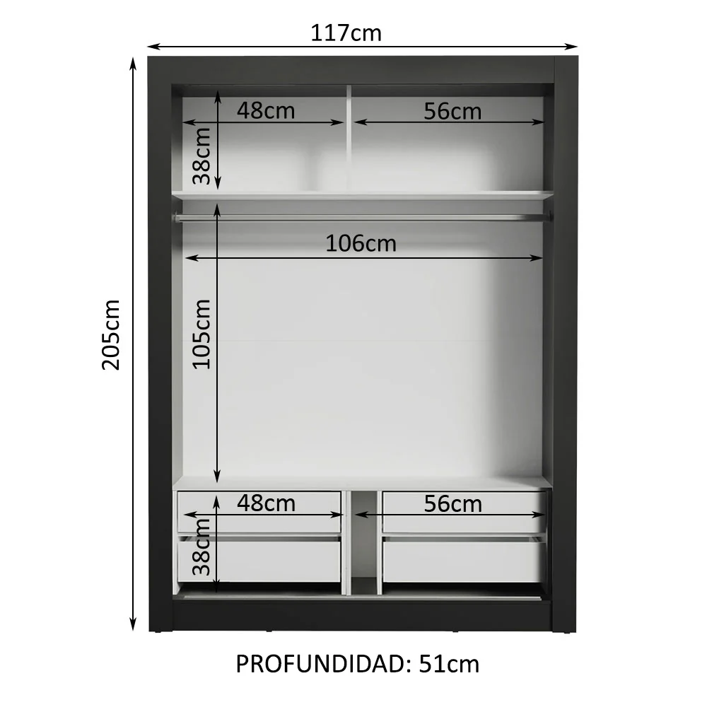Placard Soltero 2 Puertas Corredizas con Espejo 4 Cajones Negro/Marrón Dallas Plus - Image 4