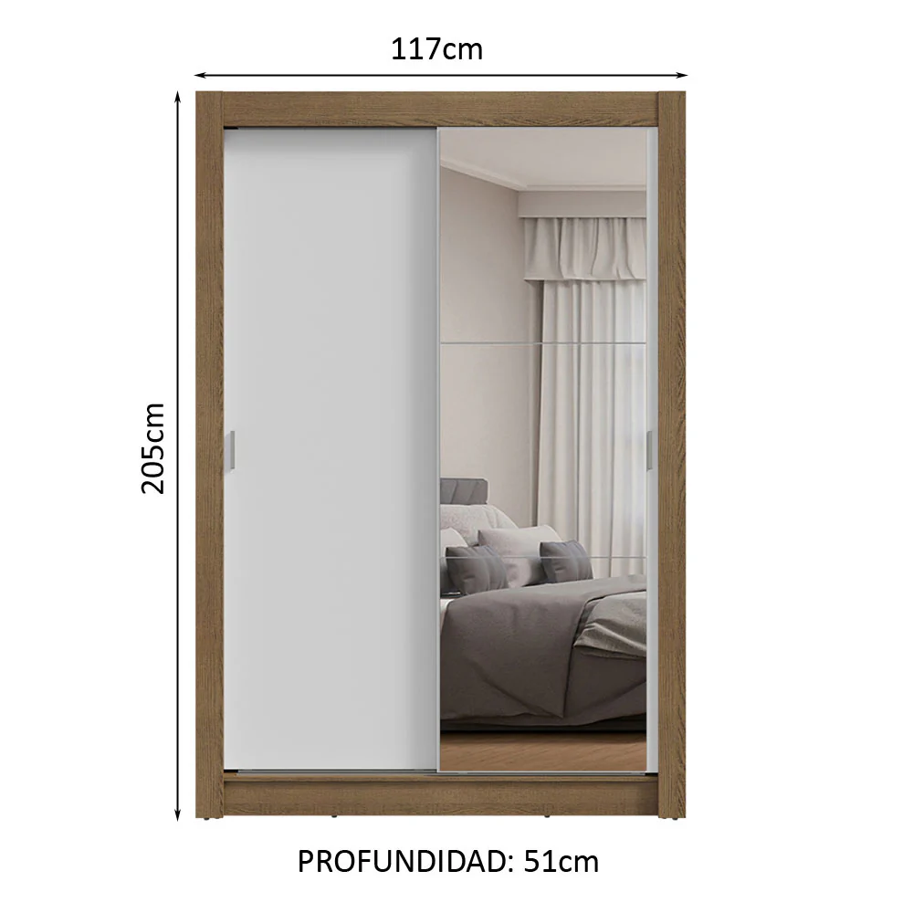 Placard Soltero 2 Puertas Corredizas con Espejo Marrón/Blanco Milano - Image 2