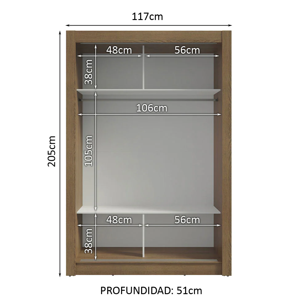 Placard Soltero 2 Puertas Corredizas con Espejo Marrón/Blanco Milano - Image 4