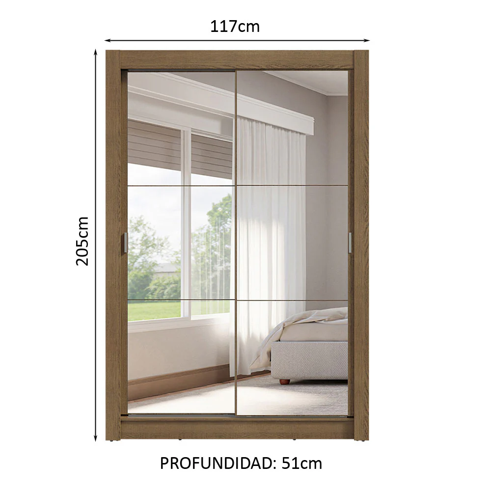 Placard Soltero 2 Puertas Corredizas con Espejos 4 Cajones Marrón Vivare Plus - Image 2