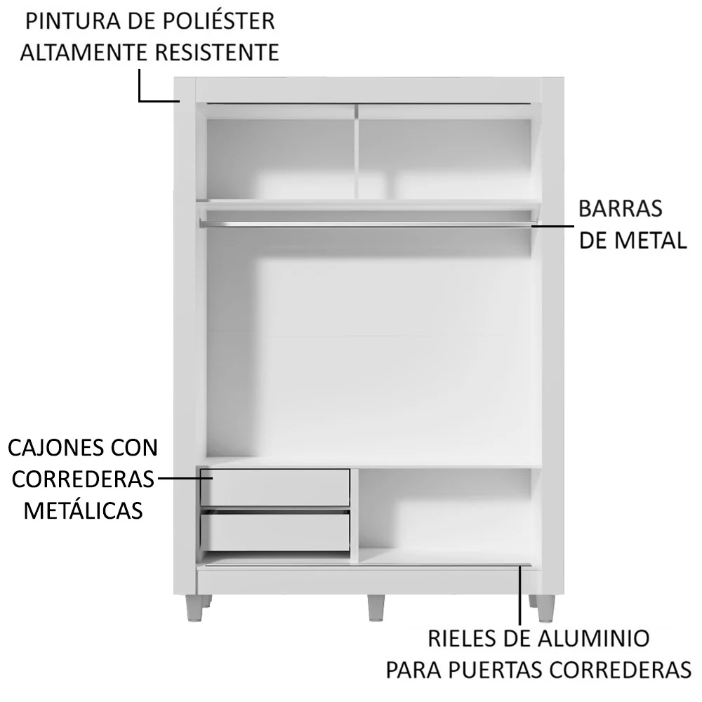 Placard Soltero 2 Puertas Corredizas Espejo 2 Cajones con Patas Blanco/Marrón Dallas - Image 5