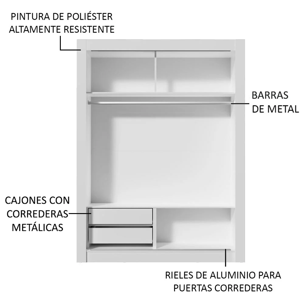 Placard Soltero Dallas 2 Puertas Corredizas con Espejo 2 Cajones Blanco - Image 6