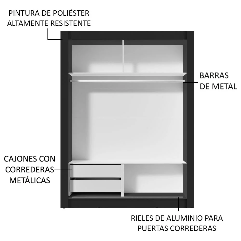 Placard Soltero Dallas 2 Puertas Corredizas con Espejo 2 Cajones Negro/Blanco - Image 6