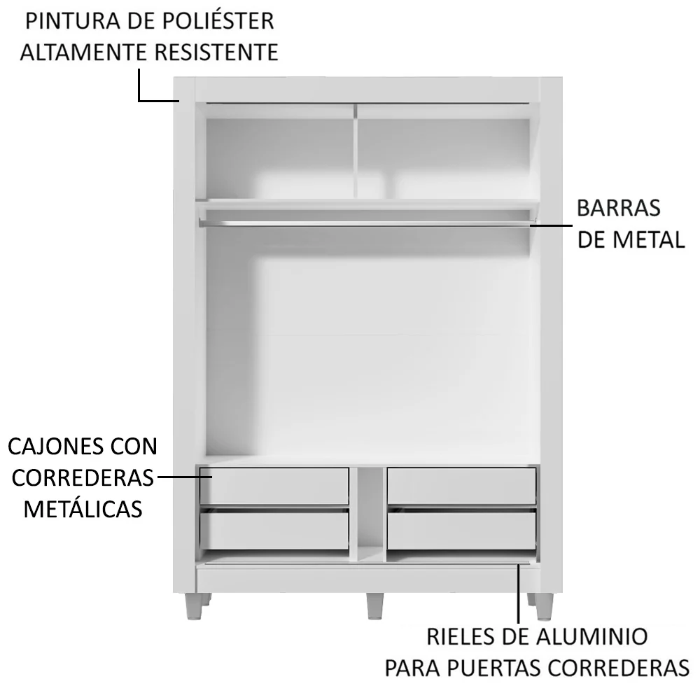 Placard Soltero Dallas Plus 2 Puertas Corredizas 4 Cajones con Patas Blanco/Marrón - Image 5