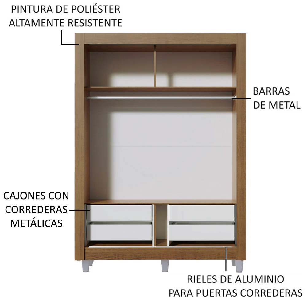 Placard Soltero Dallas Plus 2 Puertas Corredizas 4 Cajones con Patas Marrón/Blanco - Image 5