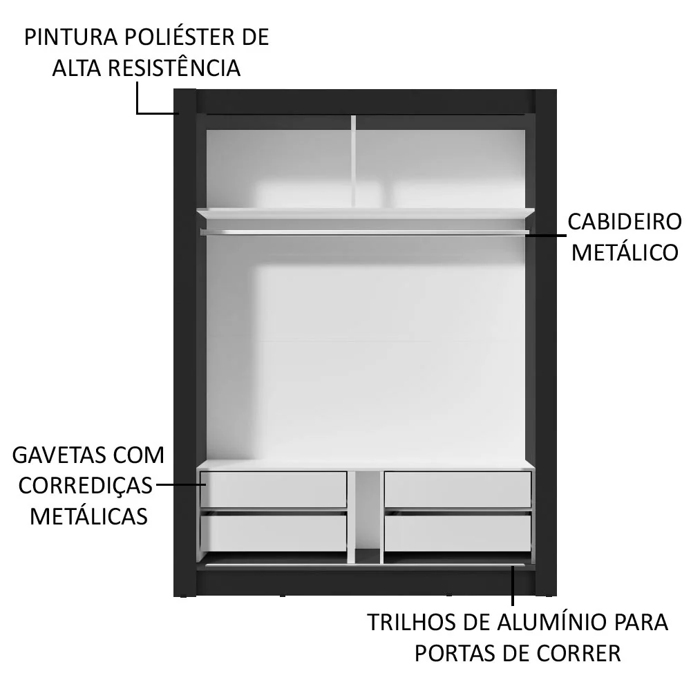 Placard Soltero Dallas Plus 2 Puertas Corredizas 4 Cajones Negro - Image 6
