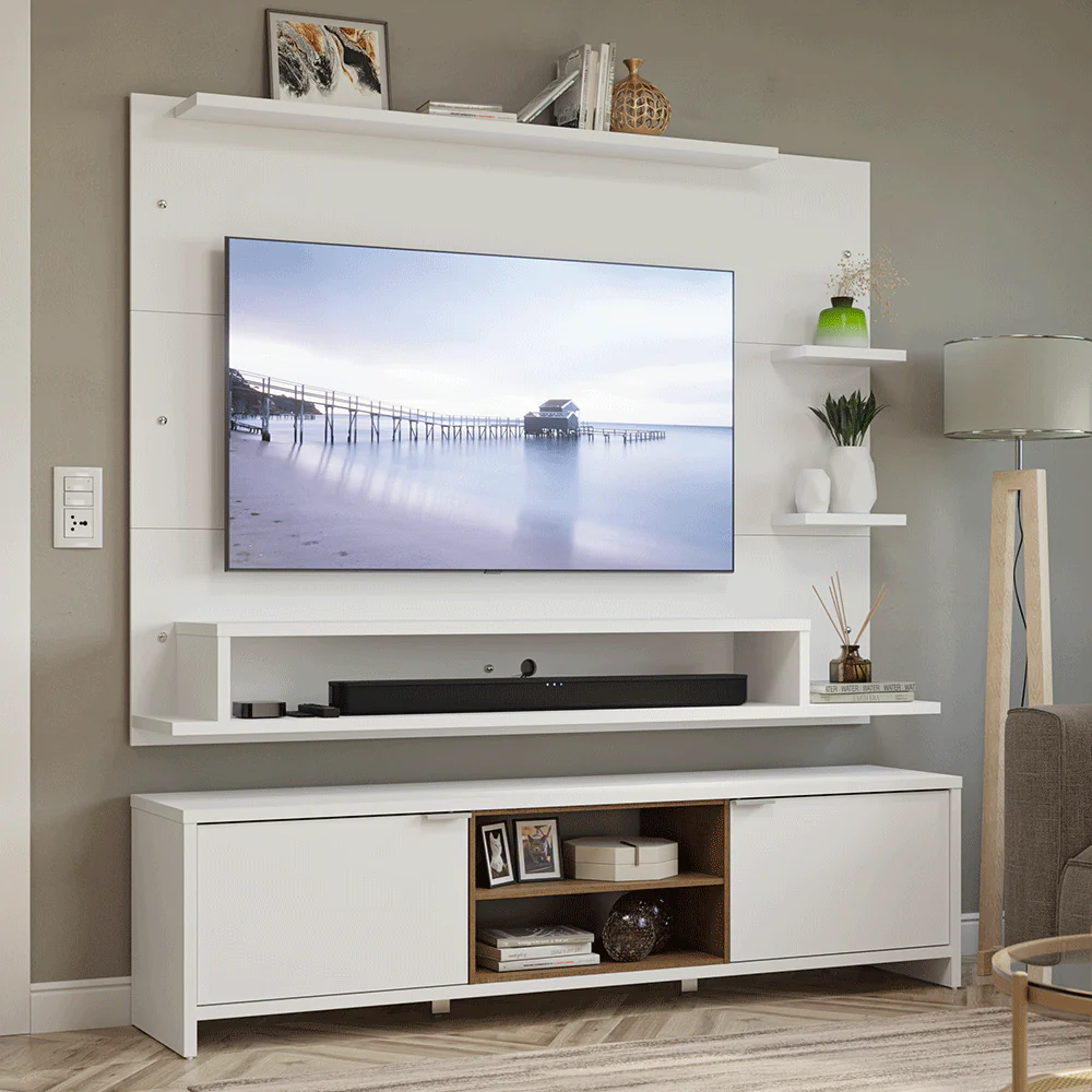 Rack con Panel para TV hasta 60 Pulgadas 180 cm Blanco/Marrón Metz Madesa