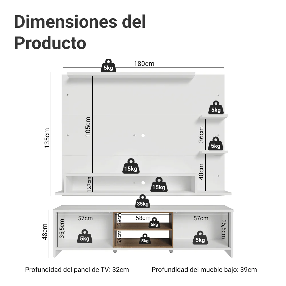 Rack con Panel para TV hasta 60 Pulgadas 180 cm Blanco/Marrón Metz Madesa - Image 2