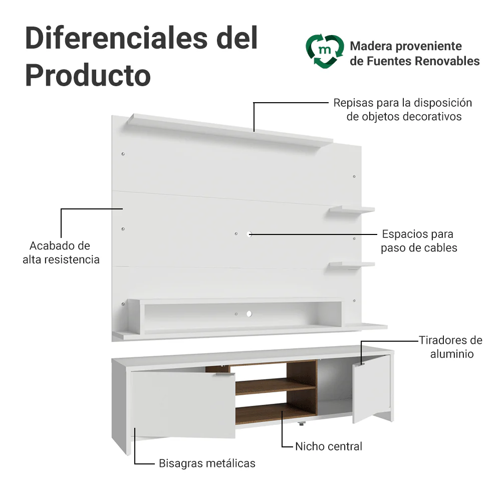 Rack con Panel para TV hasta 60 Pulgadas 180 cm Blanco/Marrón Metz Madesa - Image 4