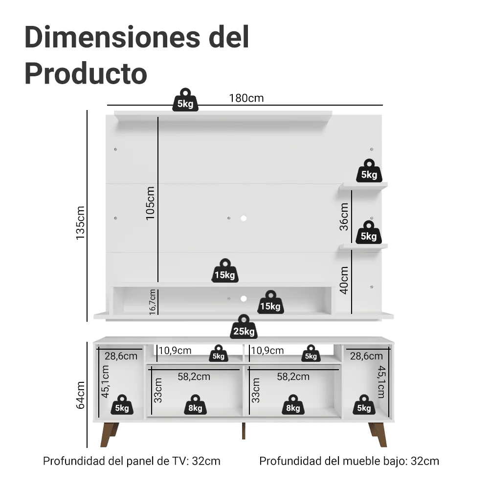 Rack con Panel para TV hasta 60 Pulgadas 180 cm con Patas Blanco/Marrón Cancun Madesa - Image 2