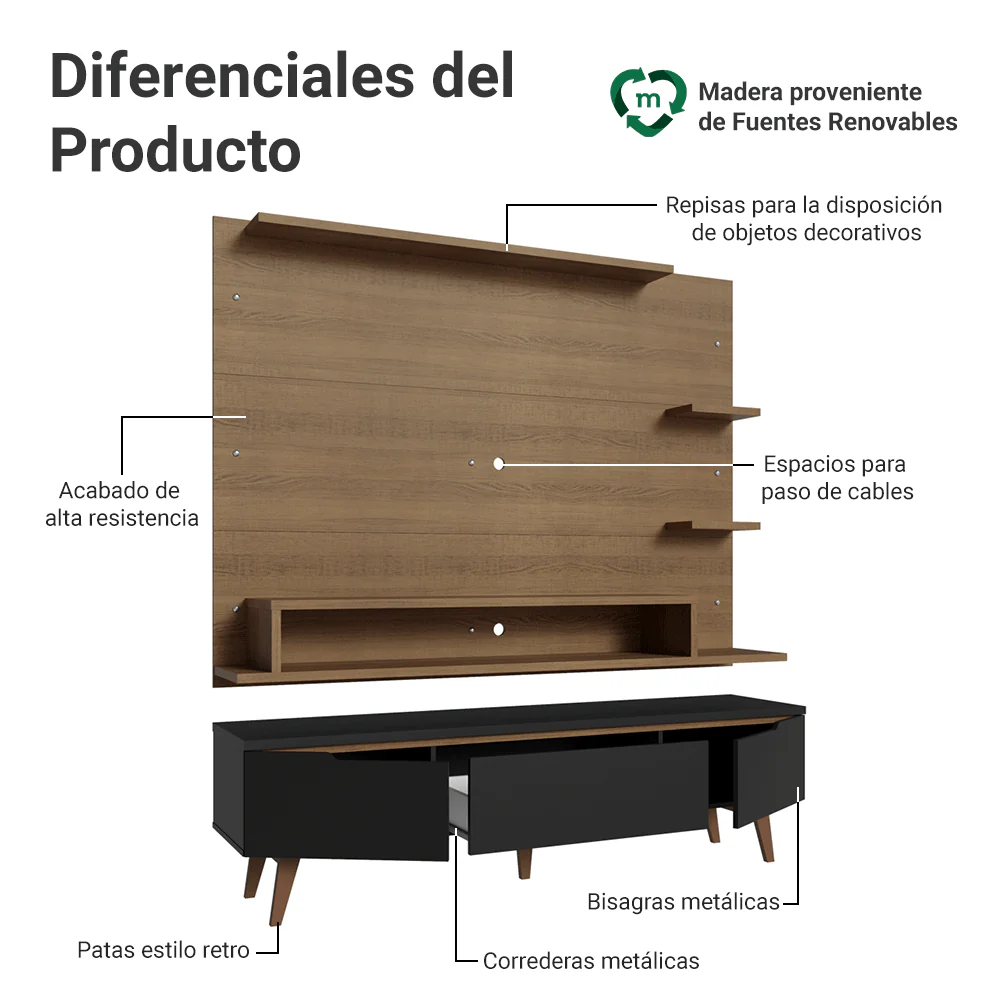 Rack con Panel para TV hasta 60 Pulgadas 180 cm con Patas Marrón/Negro/Marrón Reims Madesa - Image 4