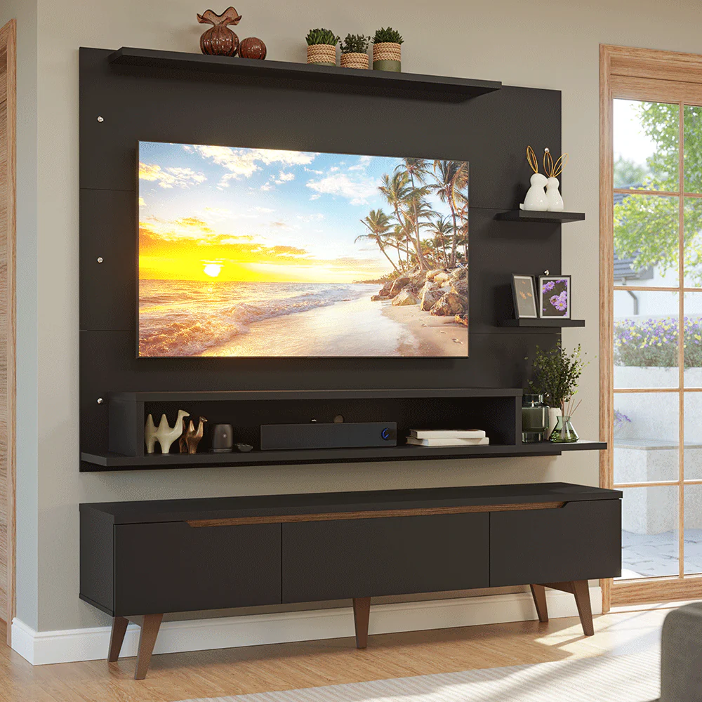 Rack con Panel para TV hasta 60 Pulgadas 180 cm con Patas Negro/Marrón Reims Madesa