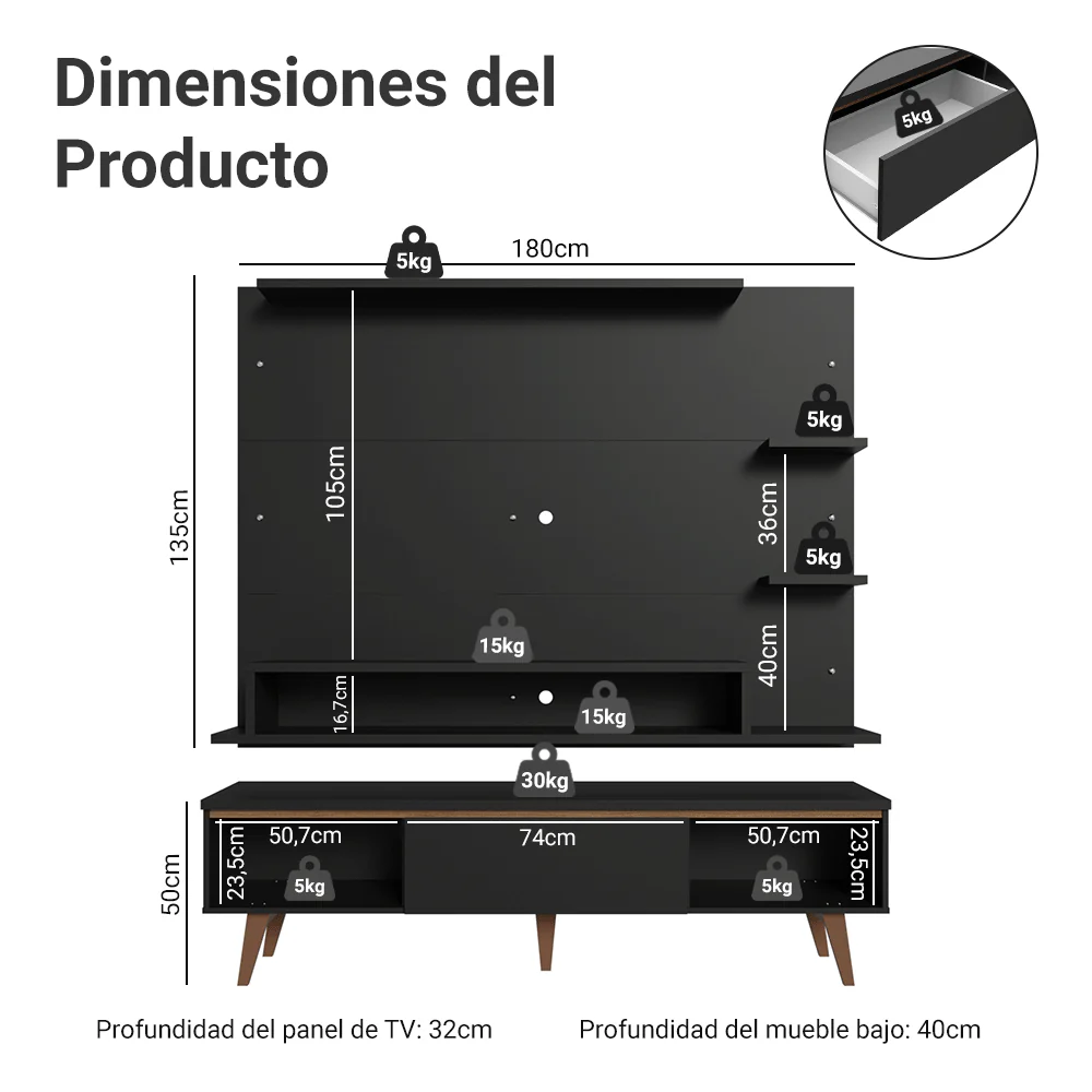 Rack con Panel para TV hasta 60 Pulgadas 180 cm con Patas Negro/Marrón Reims Madesa - Image 2