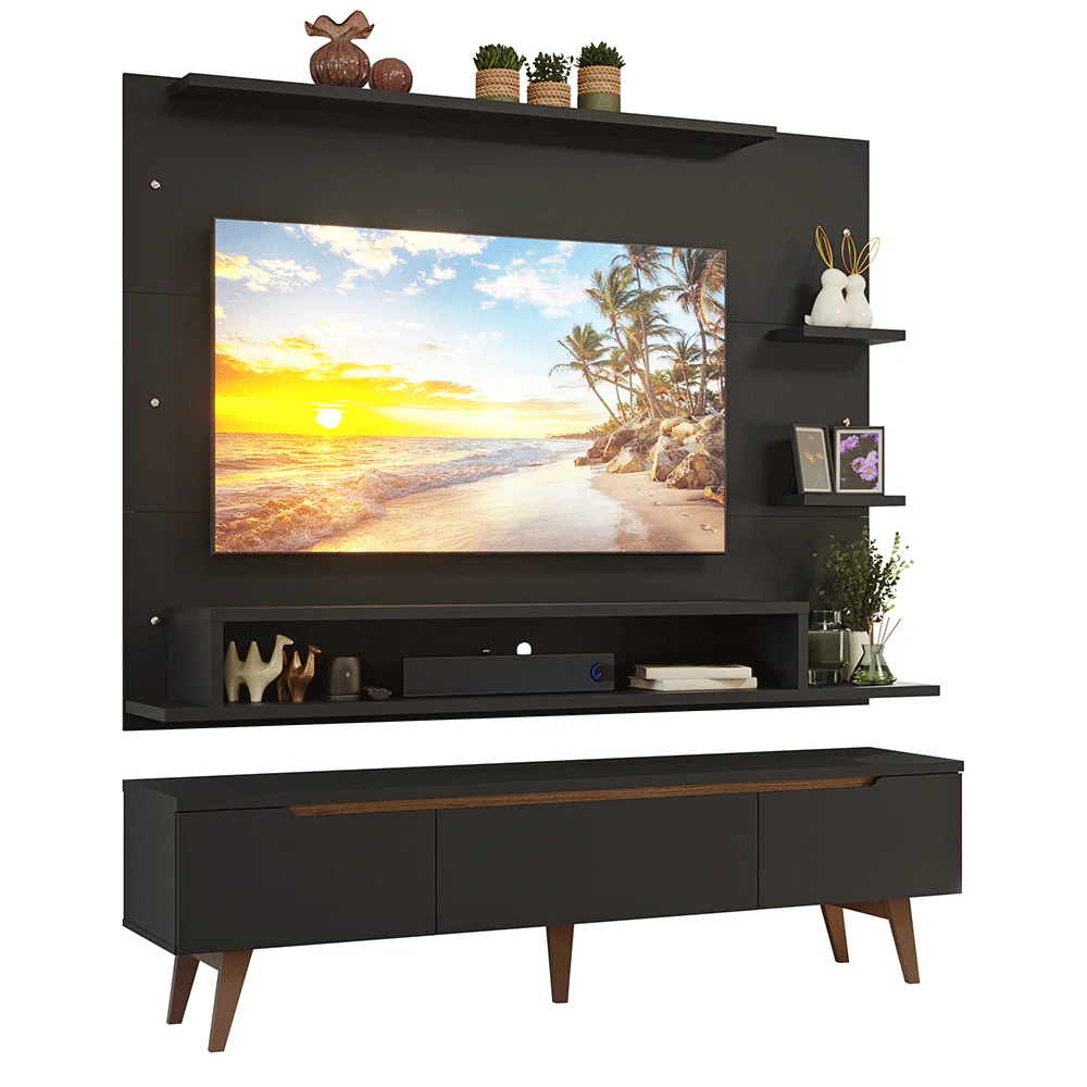 Rack con Panel para TV hasta 60 Pulgadas 180 cm con Patas Negro/Marrón Reims Madesa - Image 3