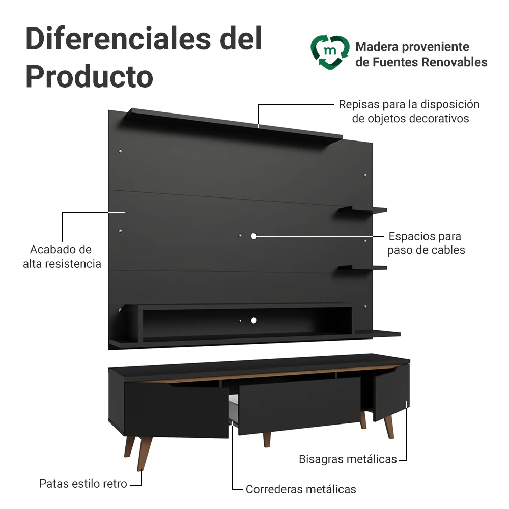 Rack con Panel para TV hasta 60 Pulgadas 180 cm con Patas Negro/Marrón Reims Madesa - Image 4
