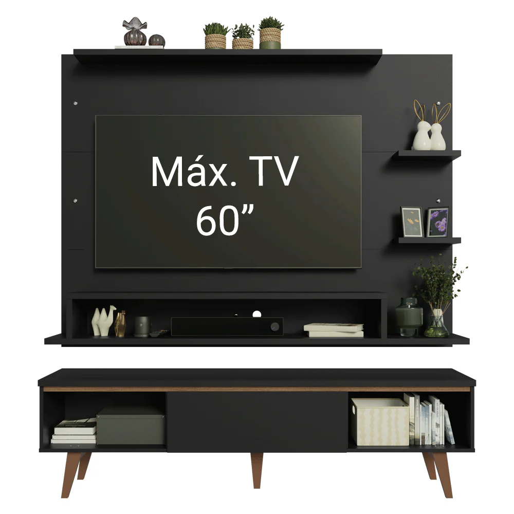 Rack con Panel para TV hasta 60 Pulgadas 180 cm con Patas Negro/Marrón Reims Madesa - Image 5