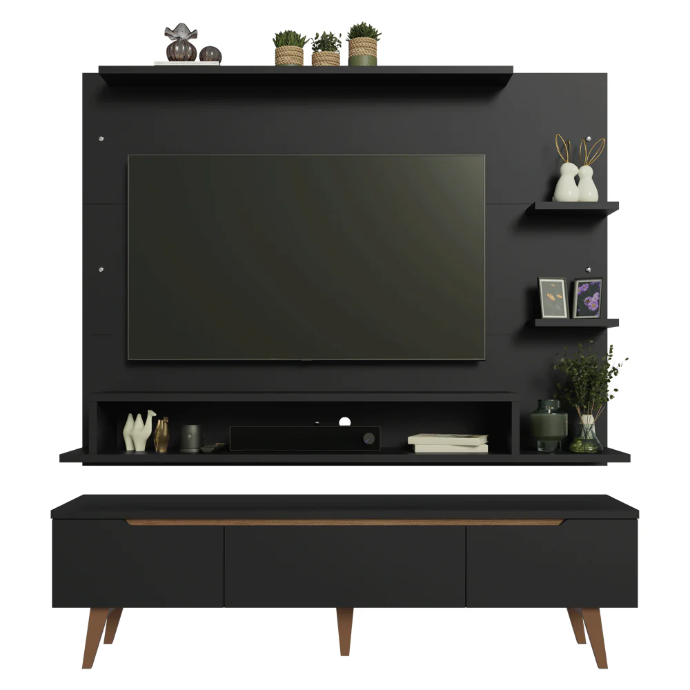 Rack con Panel para TV hasta 60 Pulgadas 180 cm con Patas Negro/Marrón Reims Madesa - Image 9