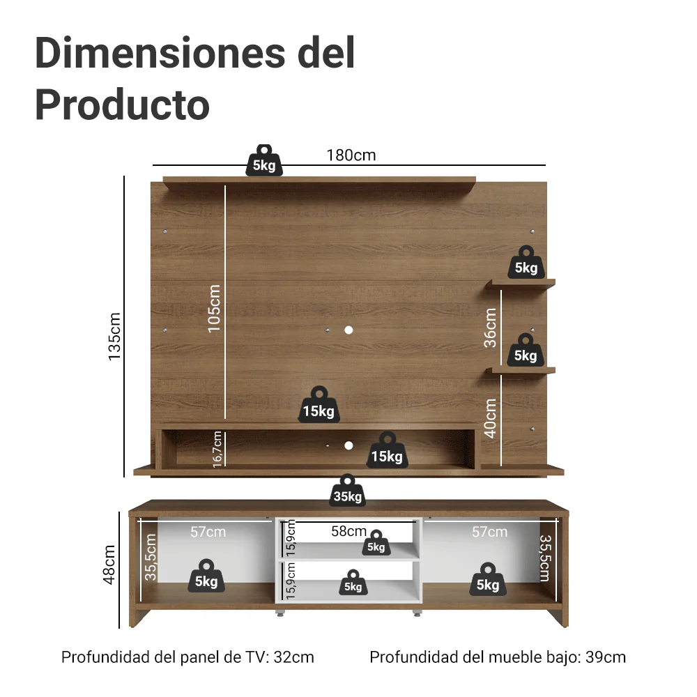 Rack con Panel para TV hasta 60 Pulgadas 180 cm Marrón/Blanco Metz Madesa - Image 2