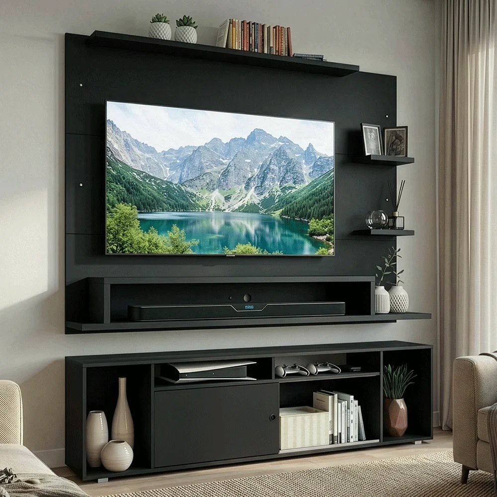Rack con Panel para TV hasta 60 Pulgadas 180 cm Negro Cancun Madesa