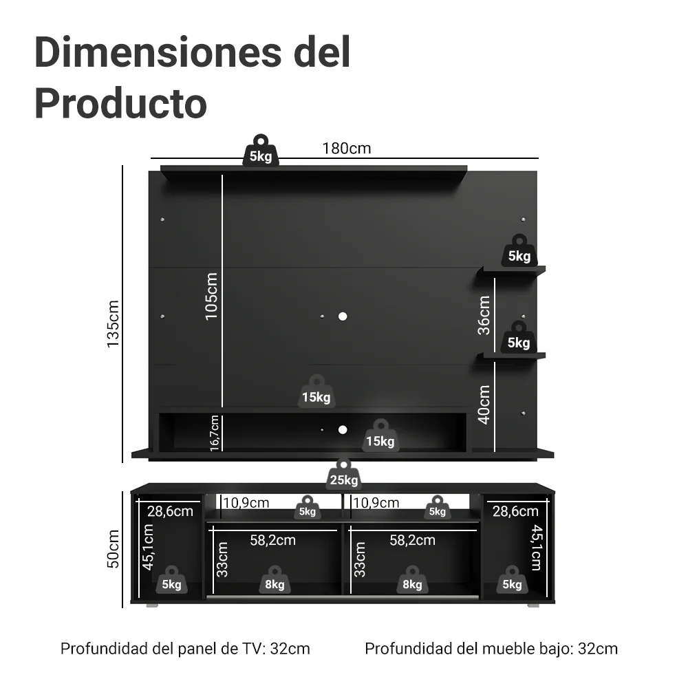 Rack con Panel para TV hasta 60 Pulgadas 180 cm Negro Cancun Madesa - Image 2