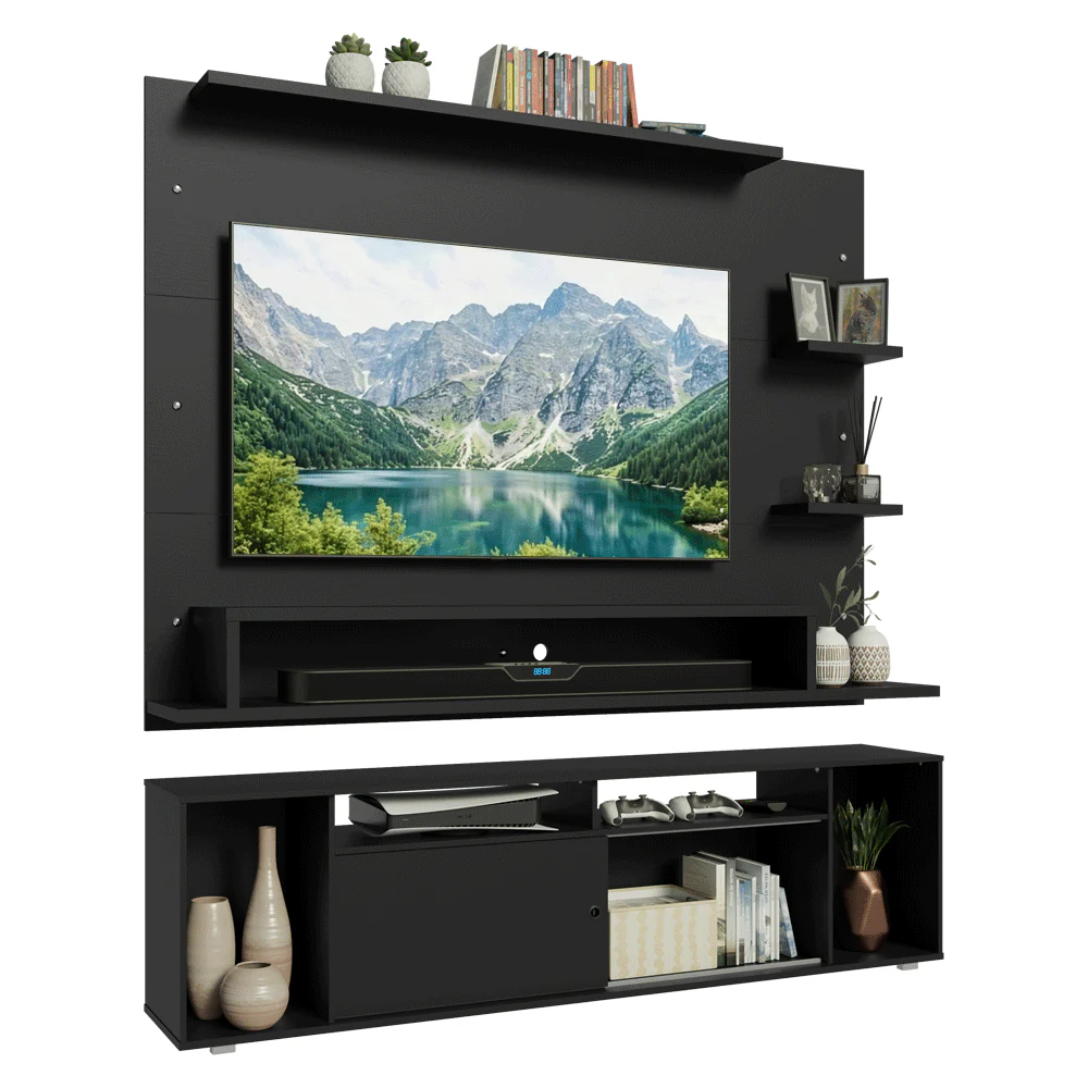 Rack con Panel para TV hasta 60 Pulgadas 180 cm Negro Cancun Madesa - Image 3