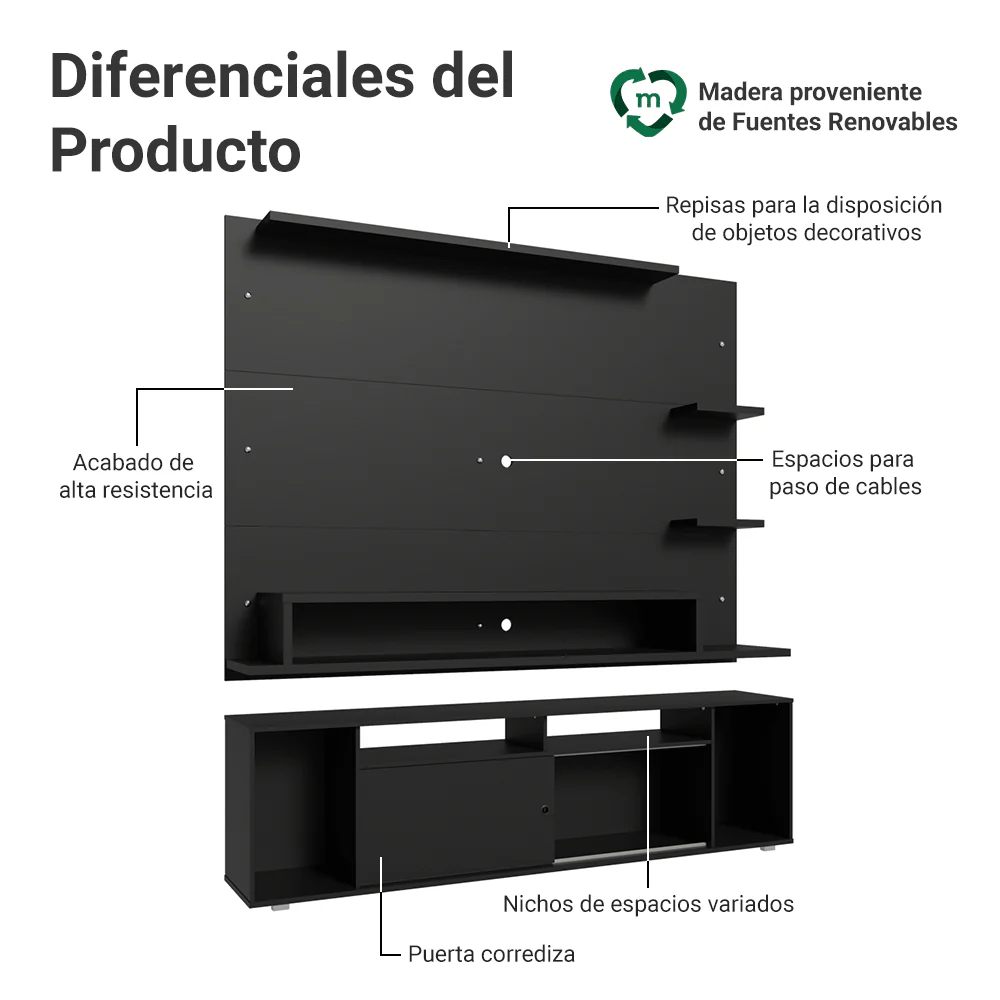 Rack con Panel para TV hasta 60 Pulgadas 180 cm Negro Cancun Madesa - Image 4