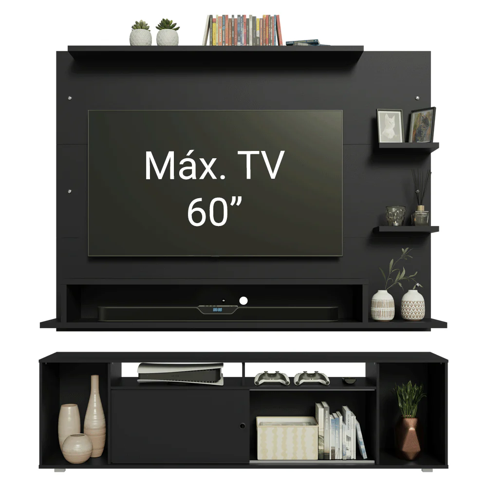 Rack con Panel para TV hasta 60 Pulgadas 180 cm Negro Cancun Madesa - Image 5