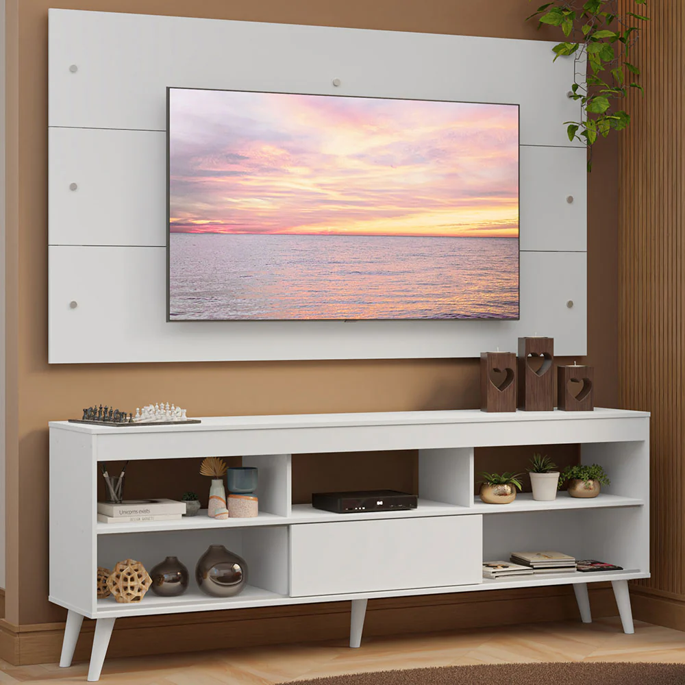 Rack con Panel para TV hasta 65 Pulgadas con Patas Blanco Detroit Madesa