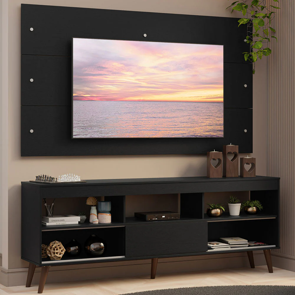 Rack con Panel para TV hasta 65 Pulgadas con Patas Negro Detroit Madesa