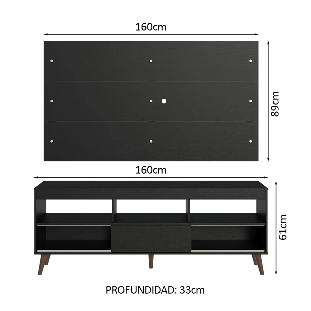 Rack con Panel para TV hasta 65 Pulgadas con Patas Negro Detroit Madesa - Image 2