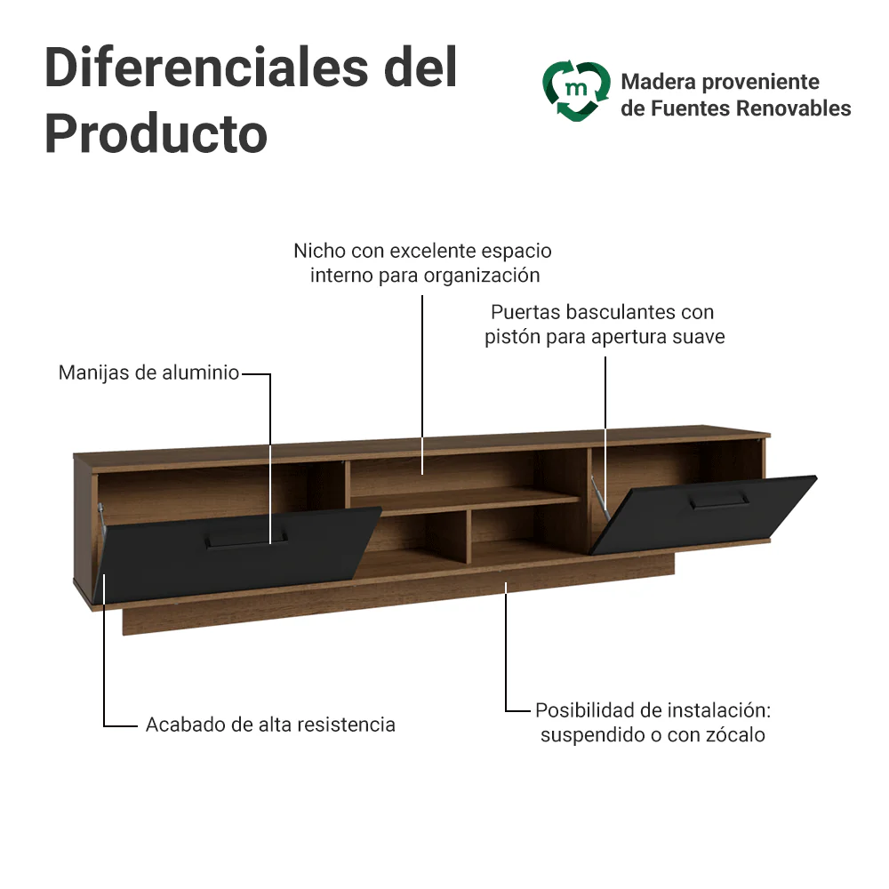 Rack Flotante para TV hasta 80 Pulgadas 218 cm 2 Puertas Marrón/Negro Agata Madesa - Image 4