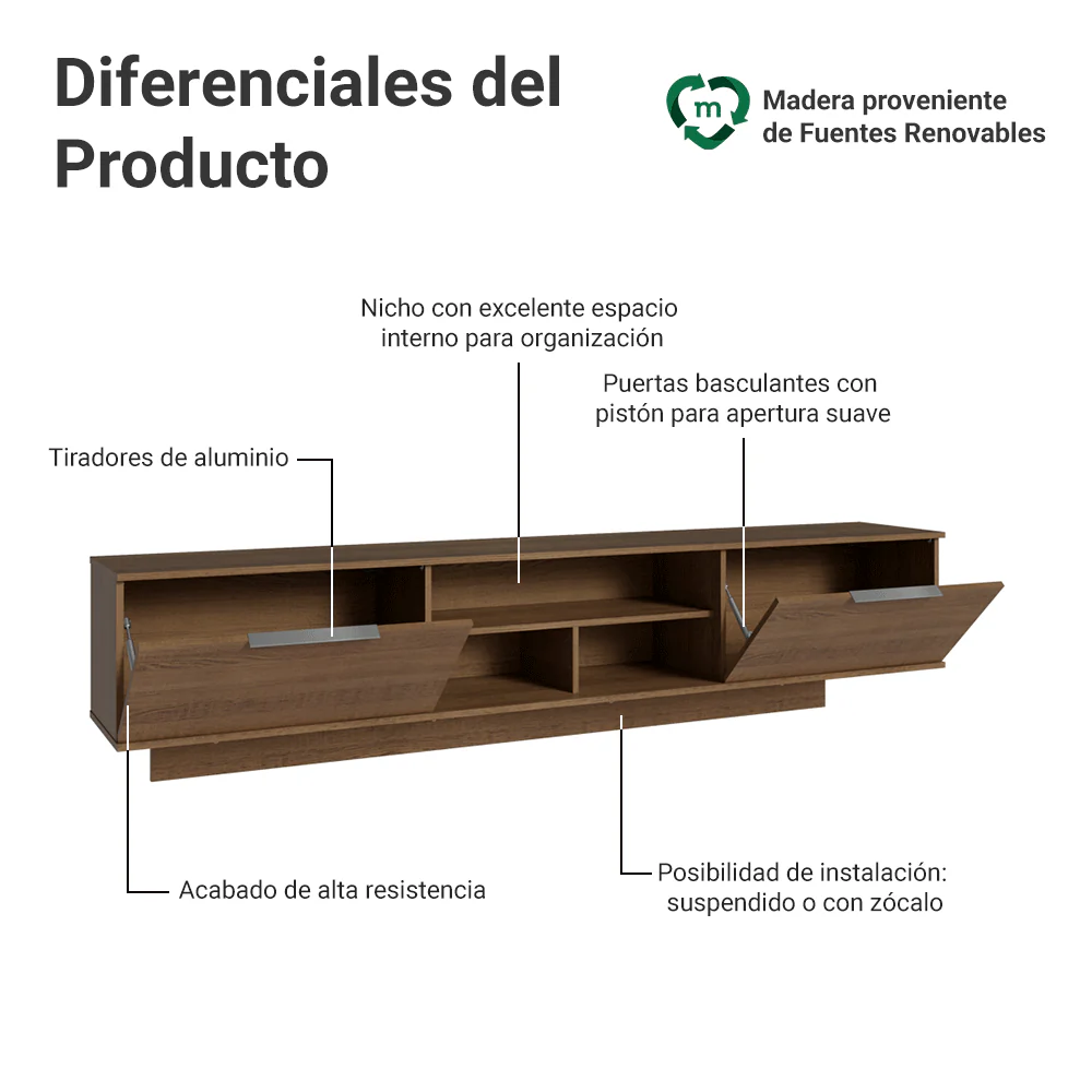 Rack Flotante para TV hasta 80 Pulgadas 218 cm 2 Puertas Marrón Stella Madesa - Image 4