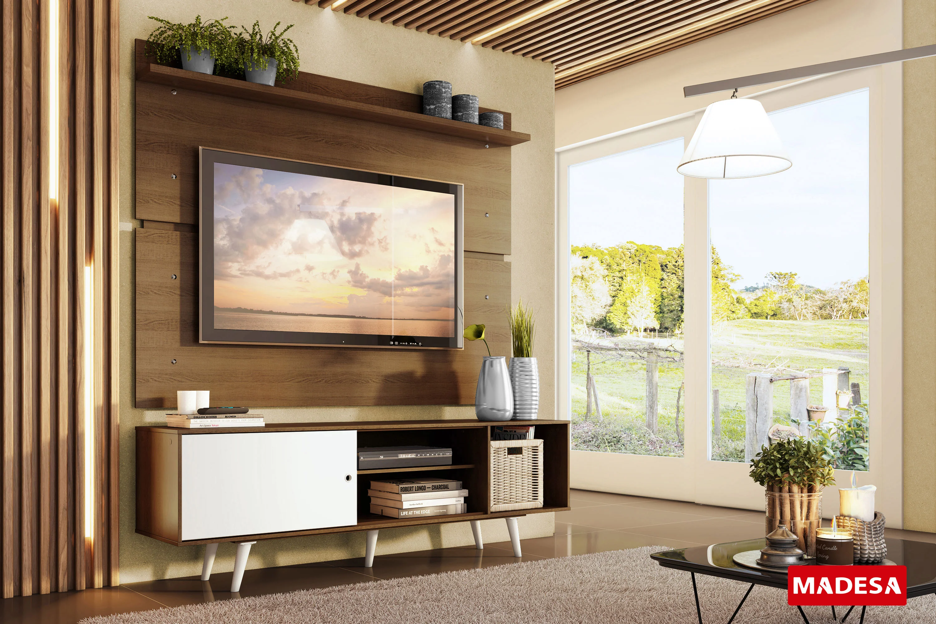 Rack Madesa Dubai con Panel para TV hasta 65 Pulgadas con Patas Marrón/Blanco - Image 10