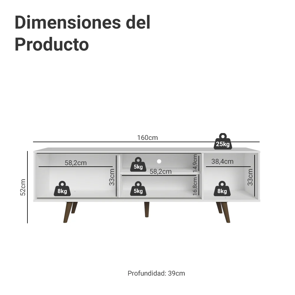 Rack Madesa Dubai para TV hasta 65 Pulgadas con Patas Blanco/Marrón 9B5Z - Image 2