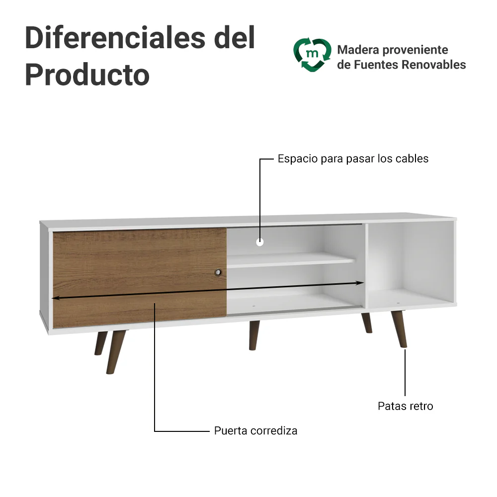 Rack Madesa Dubai para TV hasta 65 Pulgadas con Patas Blanco/Marrón 9B5Z - Image 4