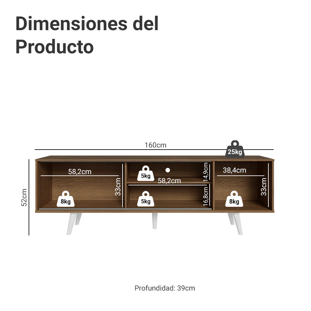 Rack Madesa Dubai para TV hasta 65 Pulgadas con Patas Marrón/Blanco 6E09 - Image 2