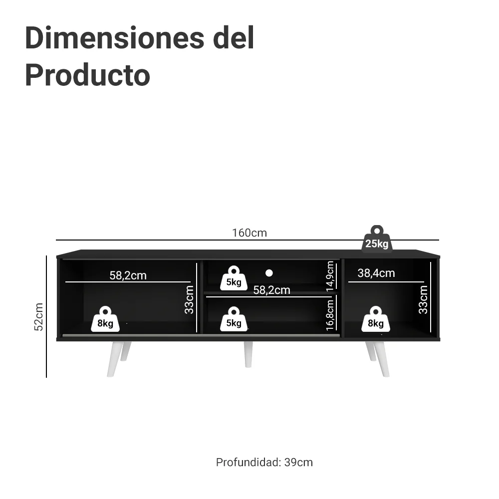 Rack Madesa Dubai para TV hasta 65 Pulgadas con Patas Negro/Blanco 7709 - Image 2