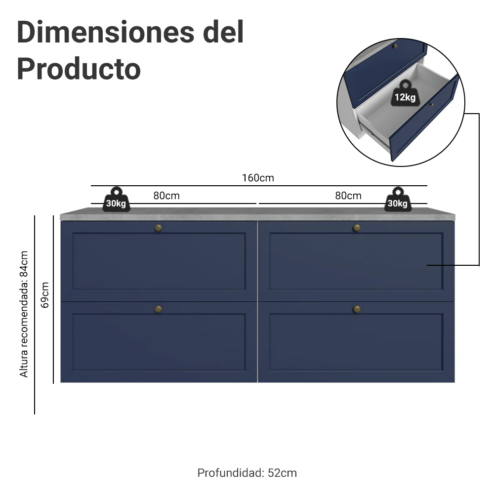 Rack para TV hasta 70 pulgadas, 160cm, 4 cajones, Blanco/Azul Vik 04 - Image 2