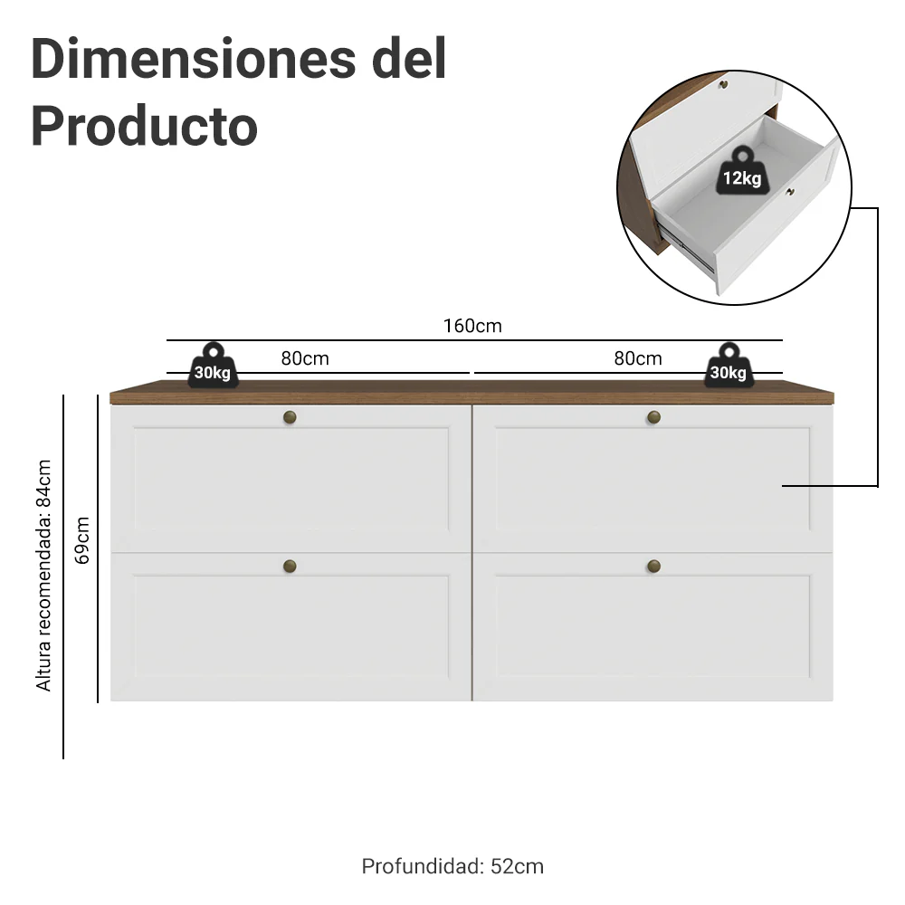 Rack para TV hasta 70 pulgadas, 160cm, 4 cajones, Marrón/Blanco Vik 04 - Image 2