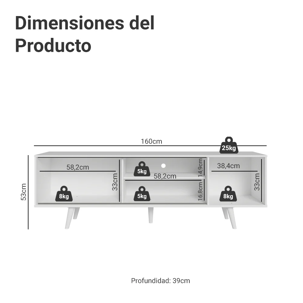 Rack para TV hasta 80 pulgadas 160 cm Con Patas Torino Blanco - Image 2