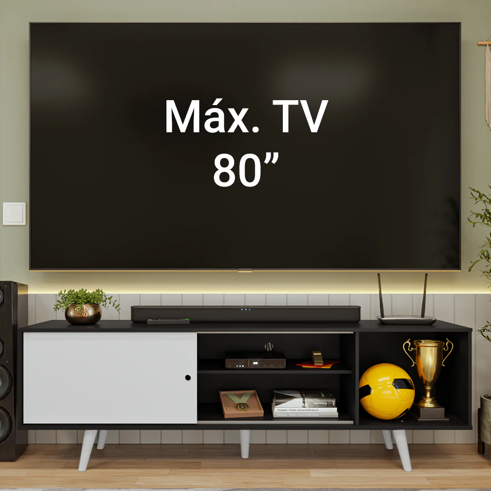 Rack para TV hasta 80 pulgadas, 160 cm de ancho, con patas, Negro/Blanco Torino - Image 4