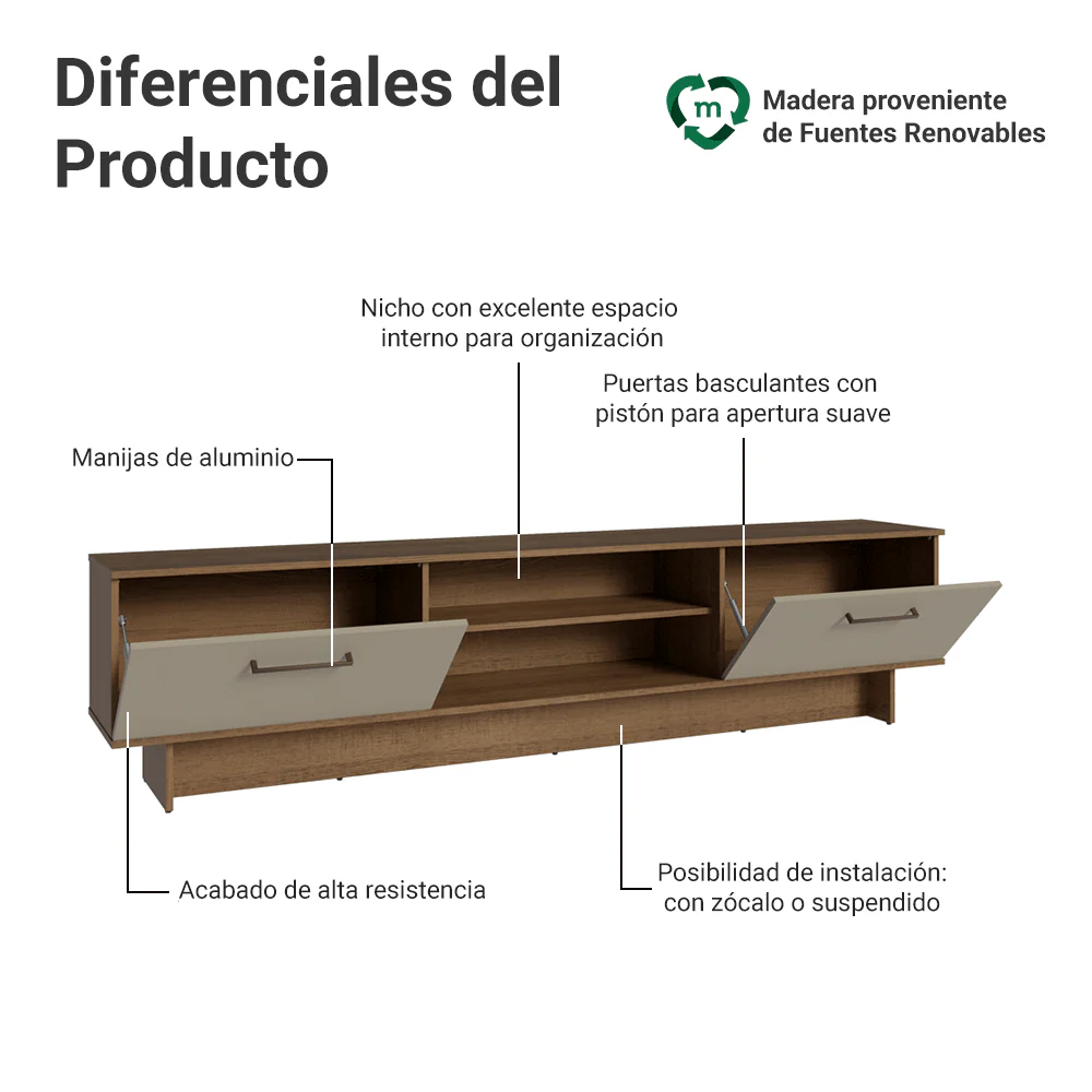 Rack para TV hasta 80 Pulgadas 218 cm 2 Puertas Marrón/Crema Agata Madesa - Image 4