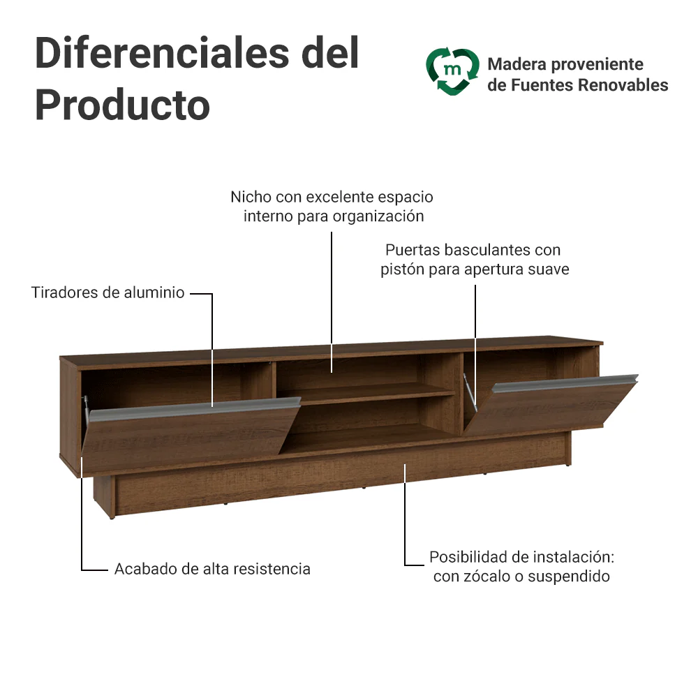 Rack para TV hasta 80 Pulgadas 218 cm 2 Puertas Marrón Glamy Madesa - Image 4