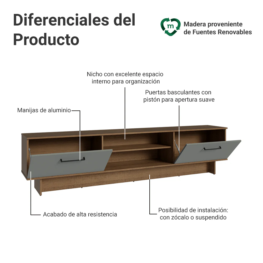 Rack para TV hasta 80 Pulgadas 218 cm 2 Puertas Marrón/Gris Agata Madesa - Image 4